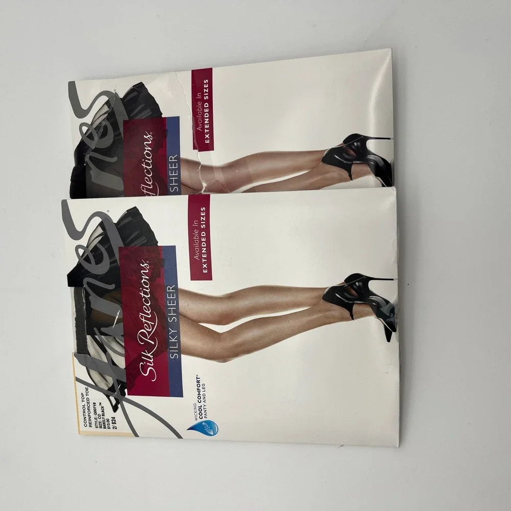 Hanes Pantyhose CD Barely Black Silk Reflections Silky Sheer Control‎ Top 2pk